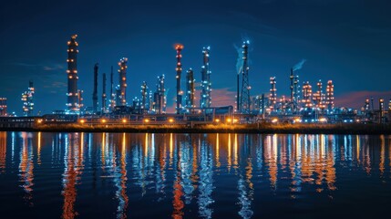 Night view of an oil refinery or petrochemical plant with lights reflecting in the water. Concept of industry, energy, fuel, pollution, and manufacturing.