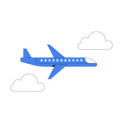 Airplane In Flight Among Clouds, Flat Vector Illustration Symbolizing Air Travel And Transportation, Isolated On White Background.