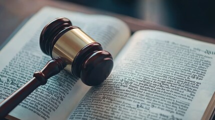Close-up of a wooden gavel resting on an open constitution book, with text clearly visible on the pages.