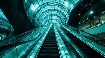 Fototapeta premium A person walks up an escalator in a modern, sleek building with a glass ceiling.