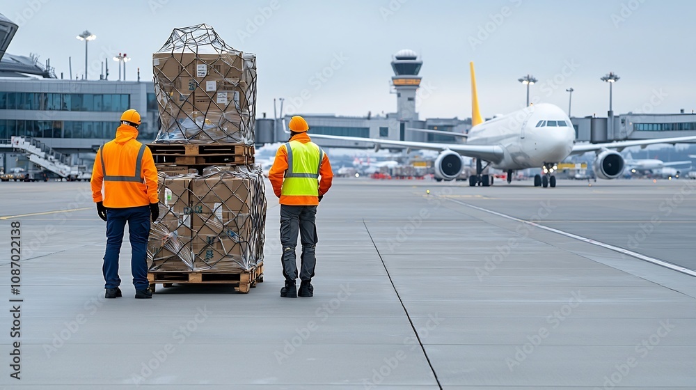 Poster logistics personnel in high visibility gear standing on the airport runway with packed cargo and an 