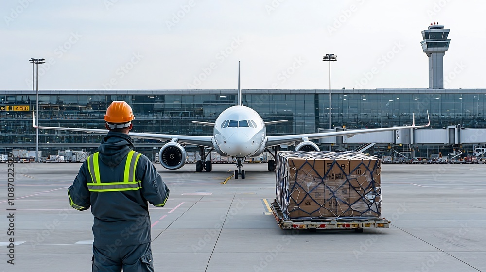 Poster worker in safety uniform handling cargo logistics in front of a parked airplane at the airport termi