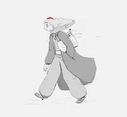 Stylish girl character illustration walking fast in the wind 