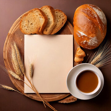 Whole Wheat bun loaf  bread coffee cup around blank paper frame for text letter post on social media design template