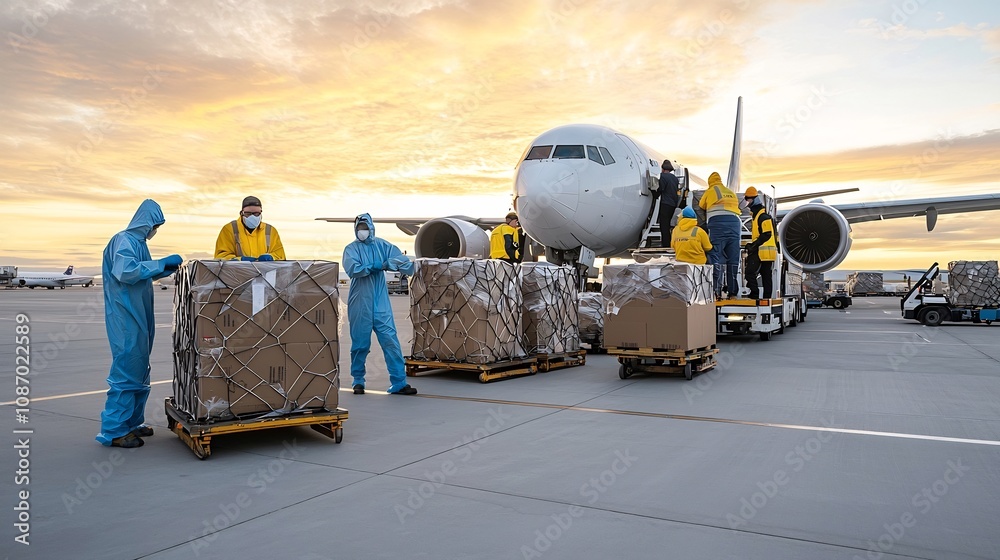 Poster cargo handling crew in protective equipment working efficiently to load an airplane under warm sunse