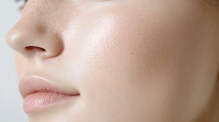 Obraz premium Mesmerizing close up portrait showcasing the smooth luminous and pore less complexion achieved through a state of the art laser facial treatment capturing the high end