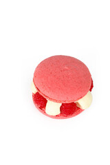 Raspberry macaroon on a white background