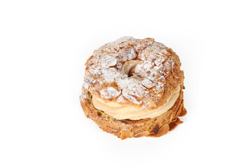 Paris Brest cake on a white background