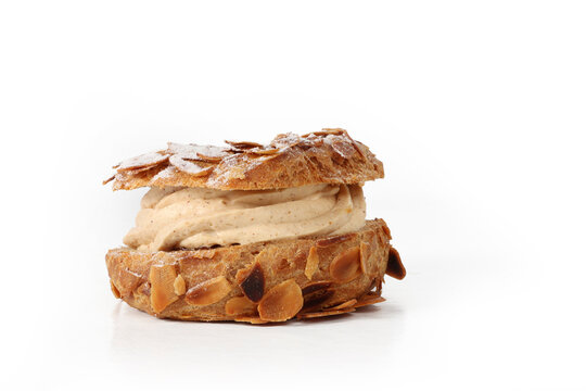 Paris Brest cake on a white background