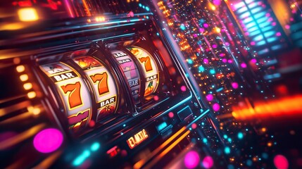 Abstract casino slot machine background. Colourful online casino banner 777 big winning symbol of gold jackpot, casino bar celebration light graphic.