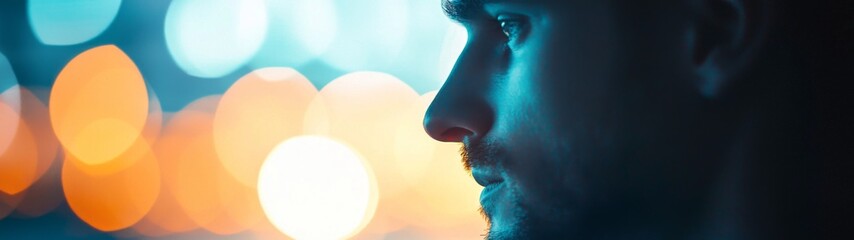 Closeup silhouette of a man, emphasizing dynamic form and detail, set against a soft blurred background, creating an impactful visual presence.