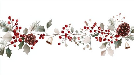 Watercolor Christmas Floral Banner, hand-painted garland featuring berries, fir branches, pine cones, bells, and ribbon on a clean white background, ideal for holiday decor.