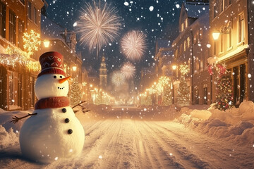 Obraz premium Cartoon street of a New Year's town with falling snow, fireworks in the background and a snowman in the foreground, everything is elegant and joyful