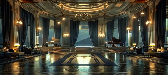 Luxurious ballroom interior design with grand piano, ocean view, and ornate decor. Perfect for themes of wealth, luxury, elegance, and events.