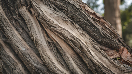 Close-up of aged teak tree bark showcasing its natural ridges and textures, ideal for use in nature-inspired backgrounds, woodworking projects, or environmental concepts. 