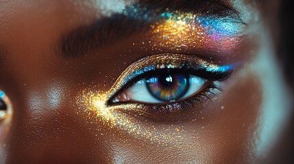 Close-up of a dazzling eye with vibrant glitter makeup.  A stunning portrayal of beauty and artistry.