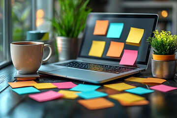Colorful sticky notes with handwritten reminders scattered on a desk, alongside a laptop and coffee cup, creating a vibrant and creative workspace.
