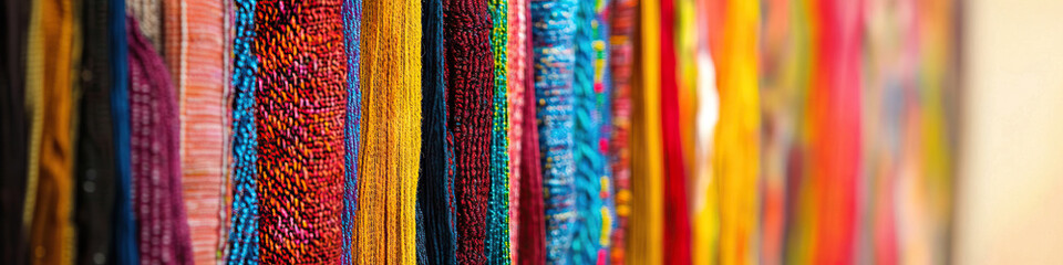 A traditional, intricate tapestry hangs on the wall, its colorful threads weaving together a story of history and craftsmanship in a bland corporate setting.