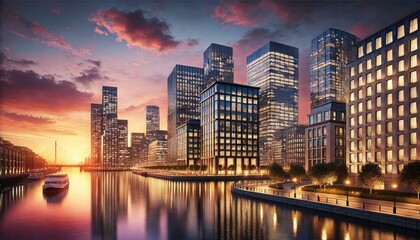 Obraz premium 夕暮れ時の都会の風景で、穏やかな運河に面した近代的な高層ビルが描かれています。暖かい色合いに染まる空が水面に反射し、印象的で活気ある雰囲気を作り出しています。建築のディテール、並木道、柔らかな照明が調和し、自然と都市化の完璧なバランスを感じさせます。