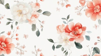 Floral Elegance, a seamless watercolor pattern featuring vibrant flowers, ideal for textile designs, interior decor, clothing, and wallpaper, showcasing exquisite botanical artistry.