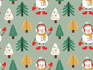 Festive seamless pattern featuring snowmen, Christmas trees, and decorated fir trees in vibrant colors. Perfect for holiday designs, gift wrapping, and seasonal decor in flat style.
