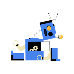 Broken Robot In Flat Vector Illustration Symbolizing Website Error, Failure, And Repair, Isolated On White Background