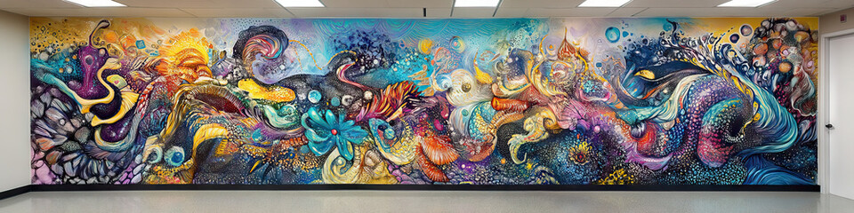 Obraz premium An intricate, hand-painted mural covers the entirety of a plain white office cubicle wall, bringing a warm, organic feel to the sterile environment.