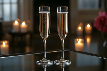 Two champagne glasses with candles.