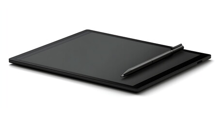 A black tablet with a pen on a white background