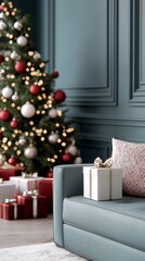 A beautifully decorated Christmas tree stands beside a cozy couch adorned with red and white presents, bringing festive cheer and holiday warmth to a modern room.