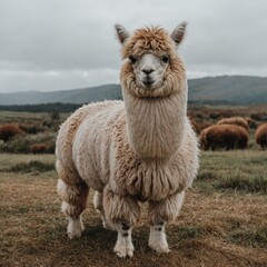 Obraz premium A fluffy alpaca standing calmly in a field, white backdrop.