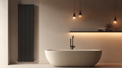 Minimalist Bathroom Design with a Modern Tub and Black Radiator