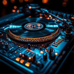A close-up shot of a classic turntable in a darkened room with colorful LED lights reflecting on the vinyl, professional color grading and focus, no people