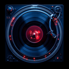 Top-down view of a spinning turntable with vibrant colors reflecting off the grooves of the record, professional photo, controlled and subtle lighting, no overly bright lights.