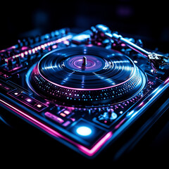 High-quality photograph of a turntable spinning in a dark room with neon blue and purple lights subtly illuminating the vinyl surface, no overly bright rays, professional photo.