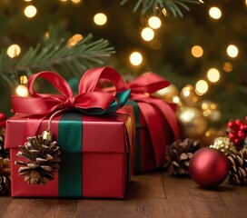 holiday decorations with wrapped gifts, candles, and pinecones arranged near a Christmas tree