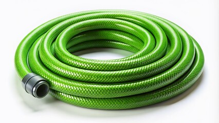 Green Garden Hose on White Background for Gardening and Home Improvement Projects, Perfect for Illustrations, Advertisements, and DIY Guide Designs with Ample Copy Space
