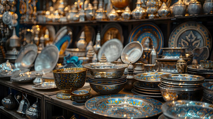 Ornate Metal Bowls and Plates Displayed in a Shop,  Showcase of Intricate Craftsmanship with Vibrant Colors and Designs