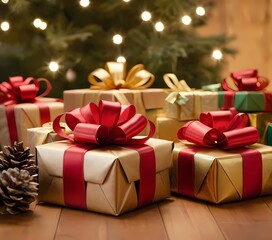 holiday decorations with wrapped gifts, candles, and pinecones arranged near a Christmas tree