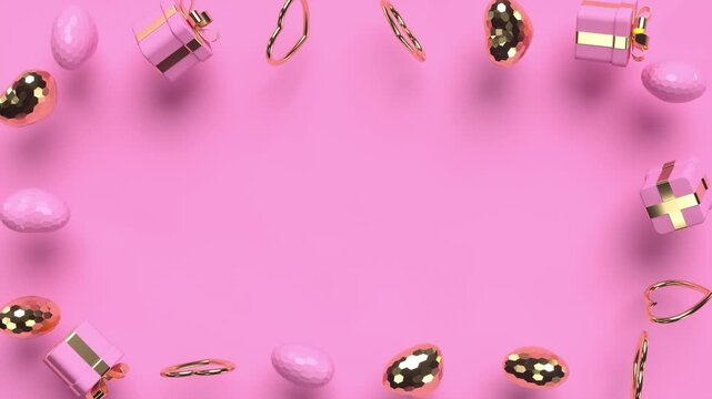 Rotating gold glossy 3d hearts decorative frame. Love concept with for Valentines day, Mothers day or wedding. Pink background. 4k looped animation.