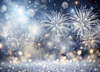Silver and White Fireworks Display with Bokeh Effects for New Year’s Eve Celebration - Abstract Background with Copy Space Perfect for Holiday Themes and Seasonal Promotions