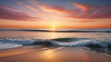 Obraz premium 波打つ海岸線に夕日が沈み、空を暖かいオレンジとピンクの色彩で染め上げる。静かな波音が聞こえてくるような穏やかな光景。