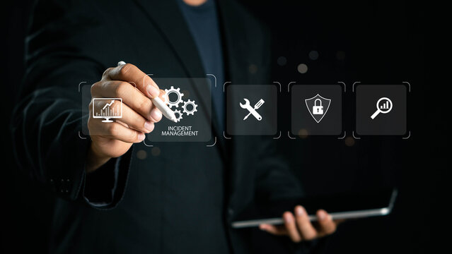Incident management process business technology concept. processes of incident management, risk analysis, strategy planning, resolution tracking, effective business technology solutions