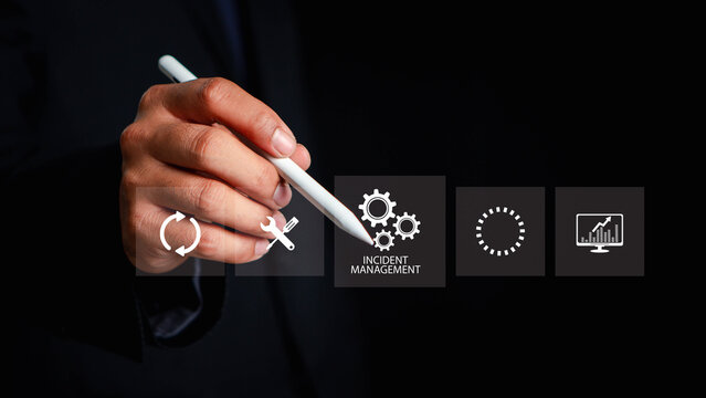 Incident management process business technology concept. processes of incident management, risk analysis, strategy planning, resolution tracking, effective business technology solutions