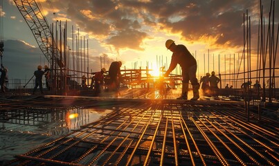 Naklejka premium Construction workers welding rebar for the foundation of a new skyscraper, with the sun setting behind them, 4K hyperrealistic photo.