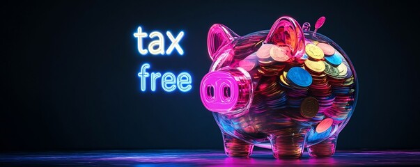 Transparent Piggy Bank Filled with Colorful Coins Neon  Tax Free  Text Futuristic Finance Concept
