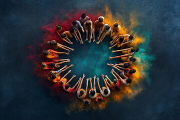 A circle of people, their arms reaching towards each other in the center, forming an intricate pattern with colorful powder explosion. Teamwork and Unity through people.