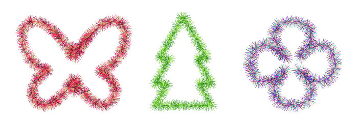 A set of tinsel jewelry. Isolated silhouettes of spruce, butterfly, flower. Vector graphics. The concept of the holiday