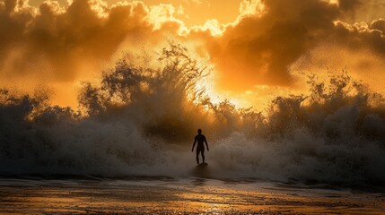 surfer expertly navigates towering wave as water splashes golden sunset casting warm glow thrilling scene oceans embrace.