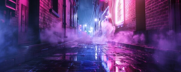 Neon-lit alley with rain-soaked pavement and steam rising, 4K illustration.